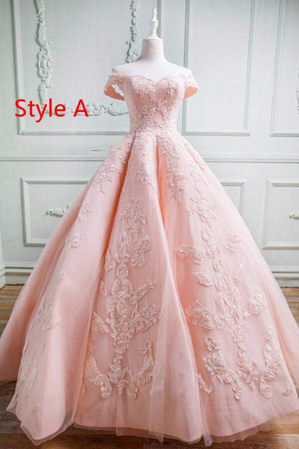 kamahe Gorgeous Pink Off The Shoulder Ball Gown Prom Dresses With Appliques