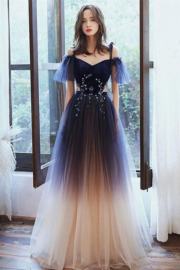 kamahe Blue Spaghetti Straps Long Princess Prom Dresses For Girls