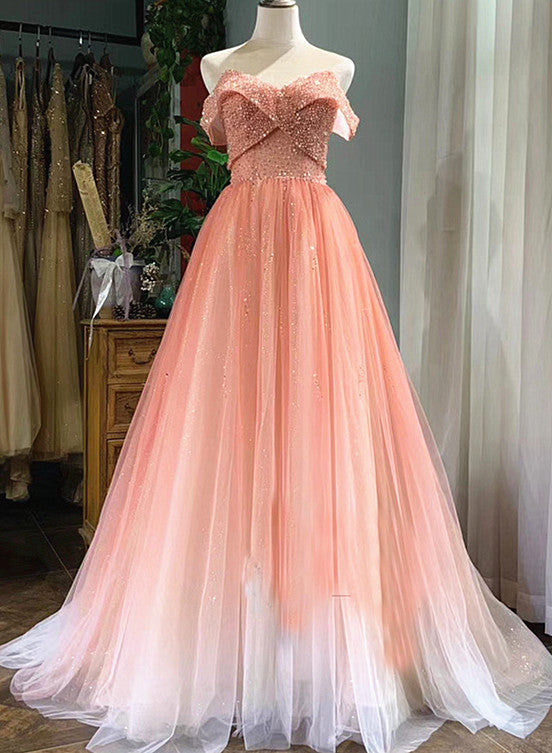 Solvbao Beautiful Pink Tulle Gradient Beaded Off Shoulder Party Dress, Pink Prom Gown