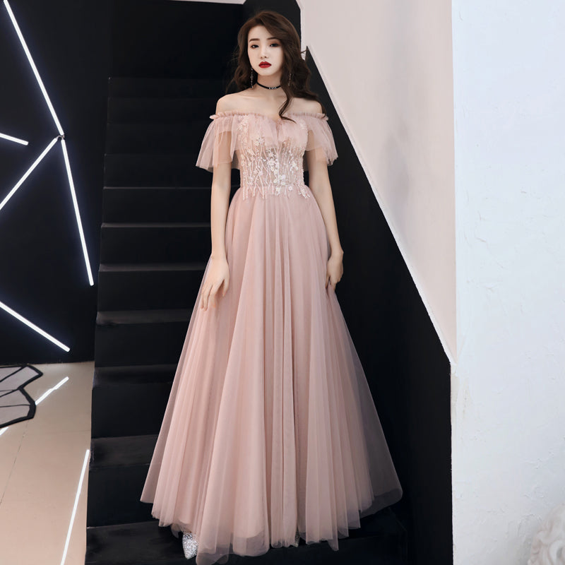 Solvbao Pink Lace Off Shoulder Tulle A-line Floor Length Party Dress, Pink Formal Dresses