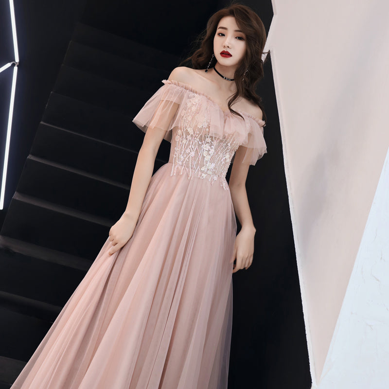 Solvbao Pink Lace Off Shoulder Tulle A-line Floor Length Party Dress, Pink Formal Dresses