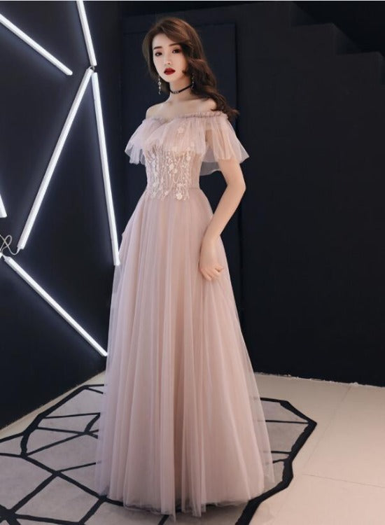 Solvbao Pink Lace Off Shoulder Tulle A-line Floor Length Party Dress, Pink Formal Dresses