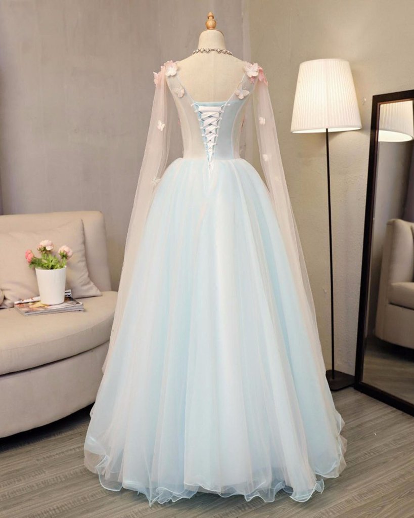 Solvbao Light Blue Gorgeous Butterfly Long Formal Gowns, Handmade Tulle Gowns, Charming Teen Dresses