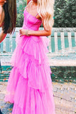 kamahe Fashion Hot Pink Layered Ruffles Evening Gown A Line Tulle Long Prom Dresses