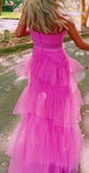 kamahe Fashion Hot Pink Layered Ruffles Evening Gown A Line Tulle Long Prom Dresses