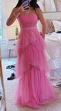 kamahe Fashion Hot Pink Layered Ruffles Evening Gown A Line Tulle Long Prom Dresses