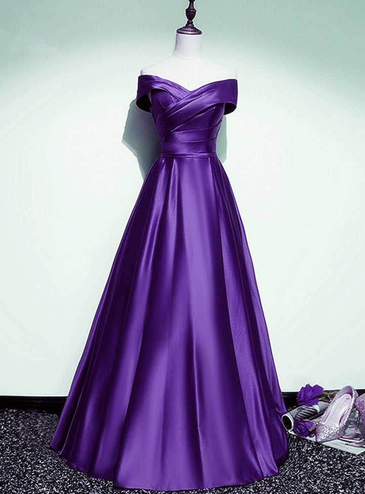 Solvbao Purple Satin Off Shoulder A-line Long Party Dress, Floor Length Junior Prom Dress