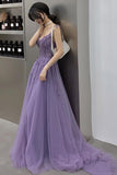 Solvbao Purple Lace V-neckline Tulle Straps Low Back Tulle Party Dresses, Purple A-line Evening Dresses