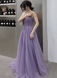 Solvbao Purple Lace V-neckline Tulle Straps Low Back Tulle Party Dresses, Purple A-line Evening Dresses