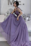 Solvbao Purple Lace V-neckline Tulle Straps Low Back Tulle Party Dresses, Purple A-line Evening Dresses