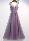 Solvbao Purple V-Neck Simple A-line Floor-length Appliques Bling Ruched Party, Formal Dresses Long Prom Dress