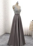 solvbao Grey Satin Long Beaded Junior Prom Dress, Beautiful Prom Gown