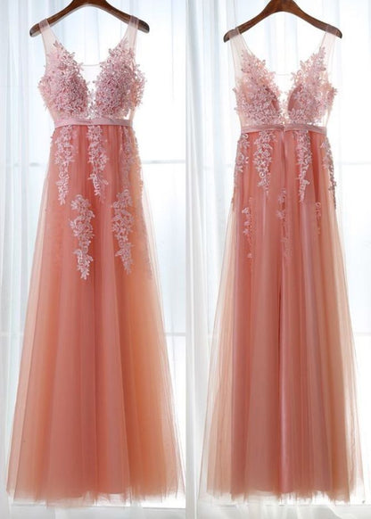 Solvbao Pink V-neckline Tulle with Lace Applique New Formal Gown, Pink Party Gown