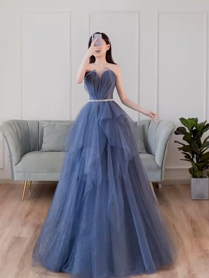 kamahe Simple Ball Gown Strapless Tulle Prom Dresses Evening Dress