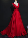 solvbao Red V-neckline Floor Length Satin Junior Prom Dresses, Red Party Dresses, Pretty Party Dresses