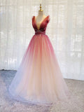 Solvbao Red and White Gradient Tulle Deep V-neckline New Style Party Dress, Red Long Prom Dress