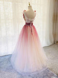 Solvbao Red and White Gradient Tulle Deep V-neckline New Style Party Dress, Red Long Prom Dress