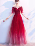 Solvbao Charming Red Tulle Off Shoudler Gradient Party Dress, A-line Prom Dress