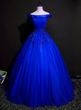 Solvbao Royal Blue Ball Gown Pricess Off Shoudler Tulle Party Dress, Blue Evening Dress Prom Dress