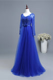 Solvbao Royal Blue Long Sleeves Tulle with Lace Applique Formal Gown, Blue Bridesmaid Dress Party Dresses