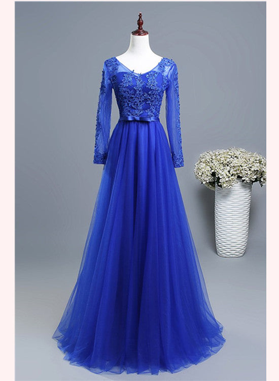 Solvbao Royal Blue Long Sleeves Tulle with Lace Applique Formal Gown, Blue Bridesmaid Dress Party Dresses