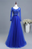 Solvbao Royal Blue Long Sleeves Tulle with Lace Applique Formal Gown, Blue Bridesmaid Dress Party Dresses