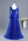 Solvbao Royal Blue Long Sleeves Tulle with Lace Applique Formal Gown, Blue Bridesmaid Dress Party Dresses