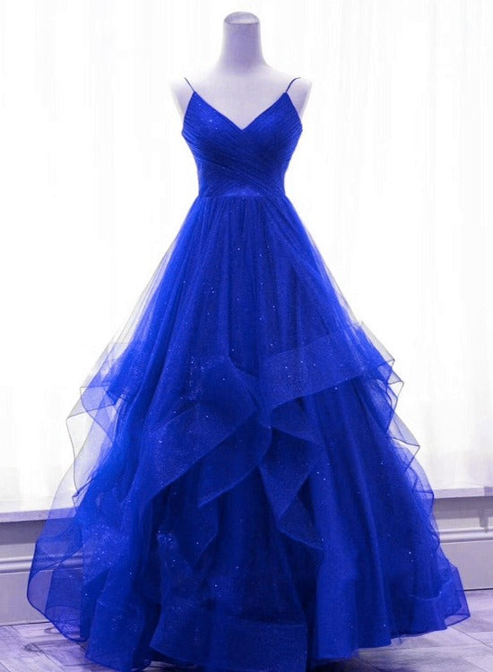 Solvbao Royal Blue Shiny Tulle V-neckline Straps Long Party Dress, A-line Tulle Prom Dress Evening Dress