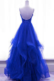 Solvbao Royal Blue Shiny Tulle V-neckline Straps Long Party Dress, A-line Tulle Prom Dress Evening Dress