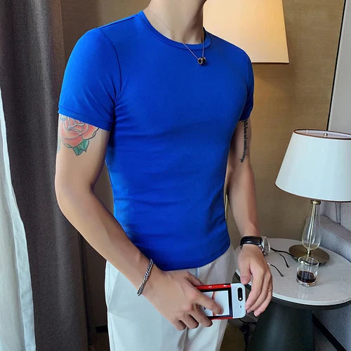 Solvbao -  Summer New Men Fitness Short Sleeve Leisure Round Collar Slim Fit T-shirts Male Fashion Korean Solid Color Tops Shirts L18