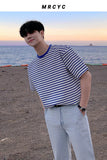 Solvbao  -  Men Summer New Korean Striped Short Sleeve T-shirt Men's Loose Round Neck Tee Shirts Male Cotton Casual Clothes Tops V29