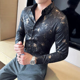 Solvbao  -  Luxury Gold Silk Printed Shirt Men Fashion Slim Fit Long Sleeved Casual Shirts Business Social Formal Dress Shirts Men Clothing