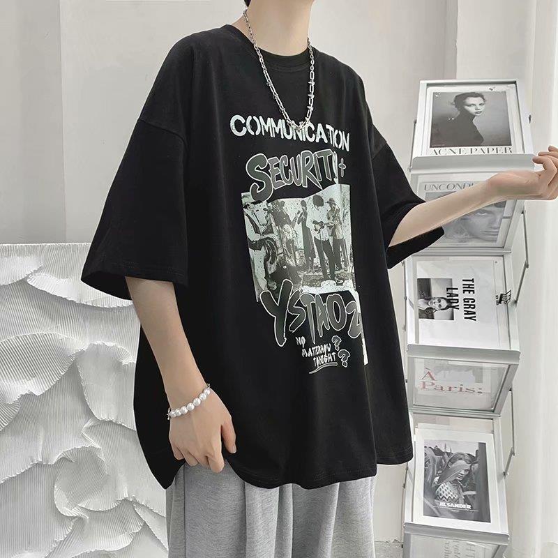 Solvbao Summer Men's Clothing Short Sleeve Loose Trend Fashion Printed Round Neck Casual Hong Kong Breeze Handsome Simplicity T-shirt