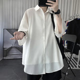 Solvbao  -  Told Tale Oversized Men's Shirts Black/White Harajuku Men Seven Sleeves Casual Shirt Tops Summer Daily Streetwear Man Blouse