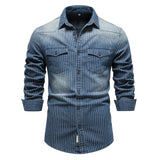 Solvbao  -  Denim Shirts Men Cotton Striped Stretch Long Sleeve Black Cargo Jean Shirt Quality Blouses Casual Slim Cowboy Shirts For Men