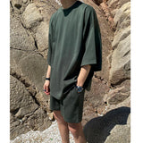 Solvbao  -  Short Summer Sleeve T-Shirt O-neck Three Quarter Sleeve Tops + Korean Fashion Loose Sports Shorts Green Two Piece Set Y8120