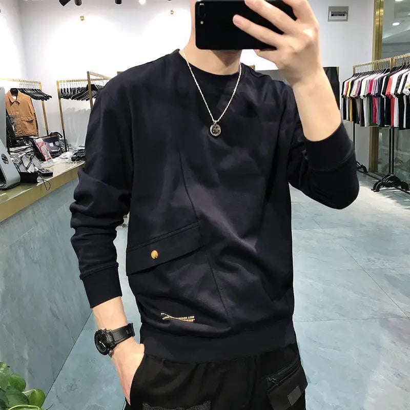 Solvbao  -  Fashion Printed Button Letter Pockets Casual T-Shirt Men Clothing Autumn New Loose Korean Pullovers All-match Tee Shirt