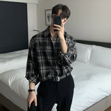 Solvbao  -  Men Casual Plaid Shirts Single Breasted Long Sleeve Loose Blouse Male Korean Chic Streetwear Fashion All-match Outwear BF