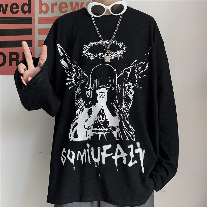 Solvbao Men Long Sleeve T-Shirts Autumn Print Gothic Vintage Ulzzang Cozy High Street Streetwear Trendy Baggy Korean Version Harajuku Bf