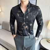 Solvbao  -  Luxury Gold Silk Printed Shirt Men Fashion Slim Fit Long Sleeved Casual Shirts Business Social Formal Dress Shirts Men Clothing