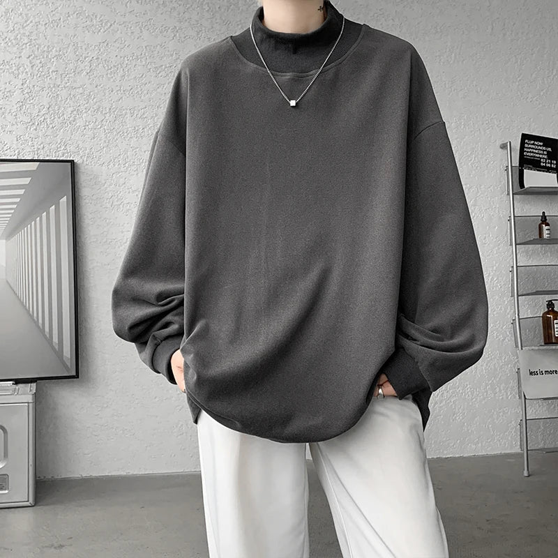 Solvbao  -  Autumn Winter Stand Collar T Shirt Men Oversized Casual T-shirt Men Streetwear Korean Loose Long Sleeve T-shirt Mens Top M-3XL