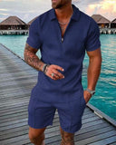 Solvbao Men's Polo Suit Fashion Men Sets Mens Solid Color Summer V-neck Zipper Short Sleeve POLO Shirt+Shorts Two Pieces Men Casual Suit