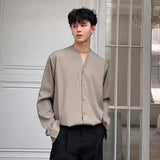 Solvbao  -  Fashion Streetwear Flat V-neck Loose Trend Long Sleeve Shirt Men's Khaki Long Sleeve Korean Tide Top Autumn New 2Y2282