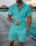 Solvbao Men's Polo Suit Fashion Men Sets Mens Solid Color Summer V-neck Zipper Short Sleeve POLO Shirt+Shorts Two Pieces Men Casual Suit