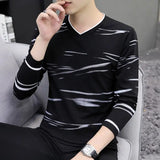 Solvbao  -  Fashion V-Neck Loose Korean Printed T-Shirt Men's Clothing Spring New Casual Pullovers Long Sleeve All-match Tee Shirt