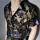 Solvbao Colorful Flowers Pattern Velvet Shirt Men Transparent Short Sleeve Sexy Shirt Social Club Outfits Party Men Designer Shirt