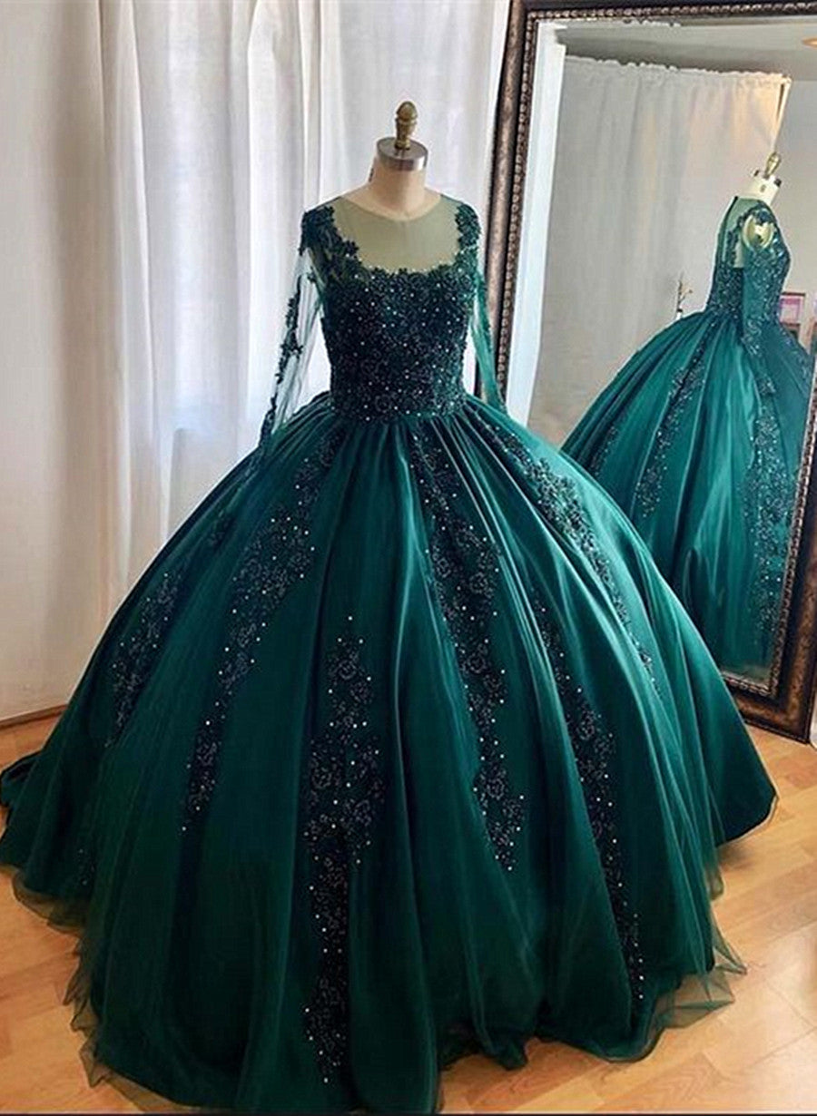 Solvbao Dark Green Ball Gown Beaded Green Ball Gown Quinceanera Dress, Dark Green Sweet 16 Dress