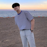 Solvbao  -  Men Summer New Korean Striped Short Sleeve T-shirt Men's Loose Round Neck Tee Shirts Male Cotton Casual Clothes Tops V29