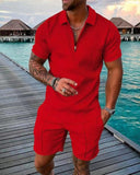 Solvbao Men's Polo Suit Fashion Men Sets Mens Solid Color Summer V-neck Zipper Short Sleeve POLO Shirt+Shorts Two Pieces Men Casual Suit