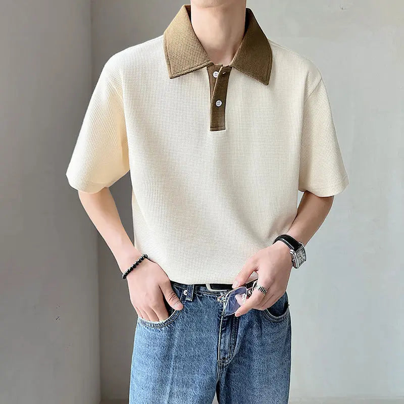 Solvbao  -  Summer Button Breathable Short Sleeve Waffle Elasticity Turn-down Loose T-Shirt Patchwork Korean Business POLO Oversize Shirt